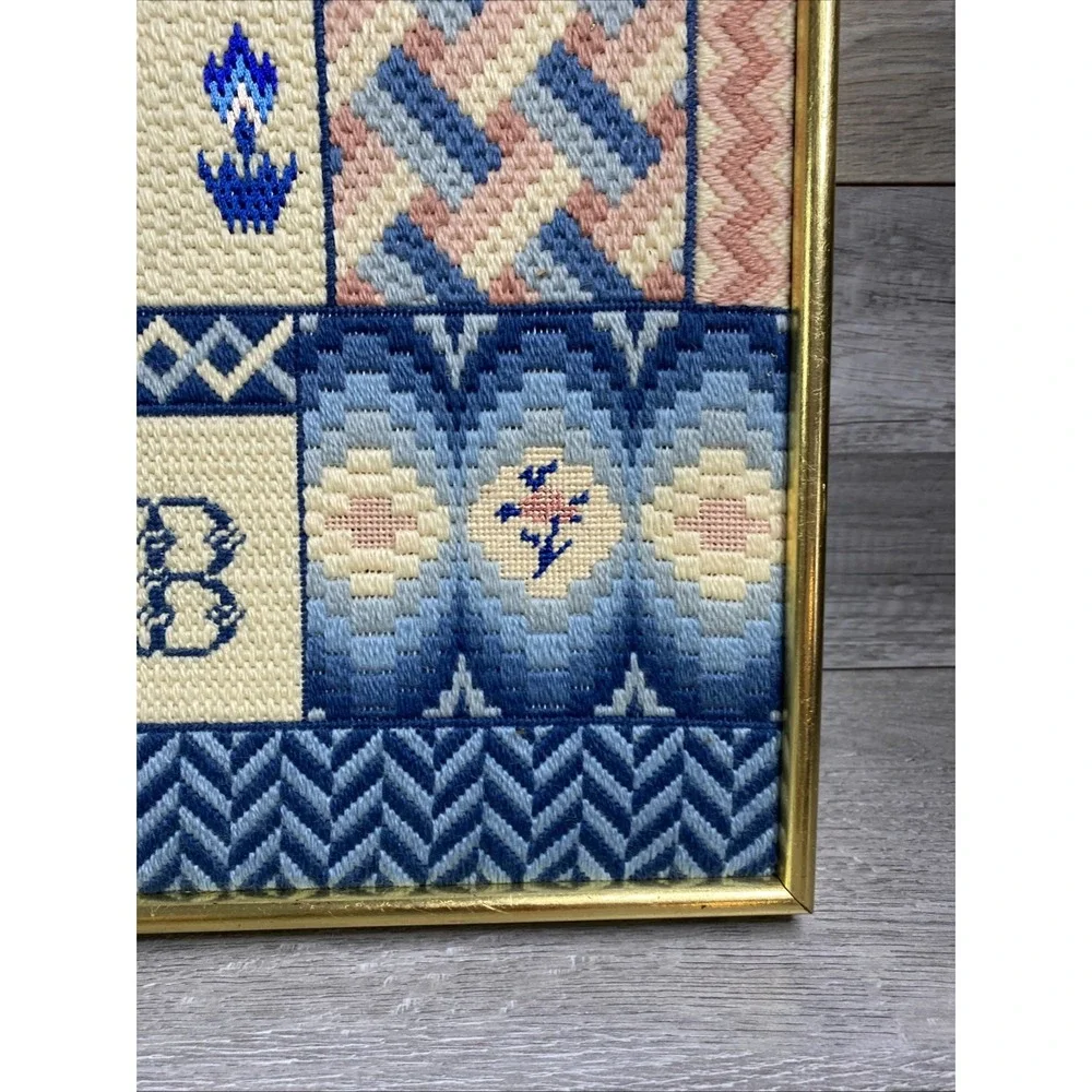 VTG Cross Stitch, 14x15 Art Deco Textile Tapestry‎ Blue Pink Off-White Letter B